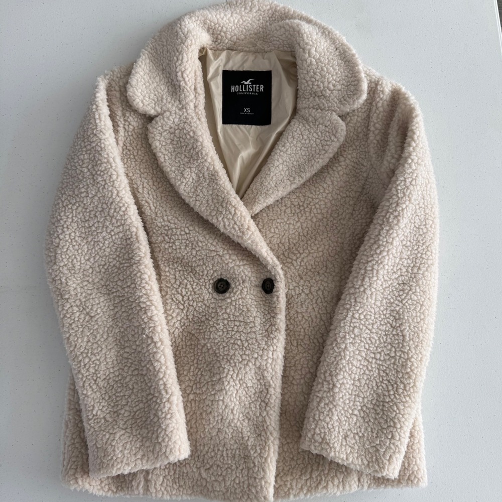Hollister Sherpa‎ Faux Fur Double Breasted Peacoat Jacket Cream XS Cozy Warm Mob